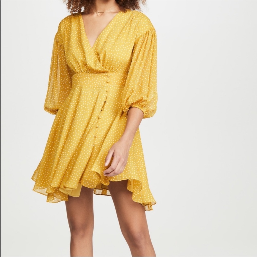Le Rumi Yellow Polka Dot 3/4 Balloon Sleeve Chiffon Flounce Mini Dress Size XS